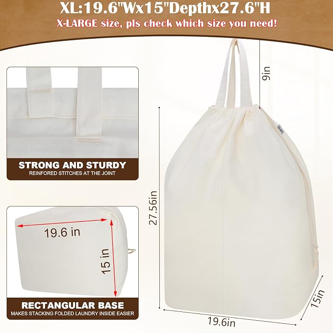 Canvas Laundry Bags with Handles & Rectangular Base 20"Wx15"Dx27.6"H 2 Pack - Image 2