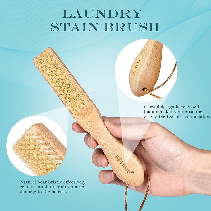 Laundry Stain Brush, Large Natural Soft Boar Bristles, Removes Tough Stains - Image 3