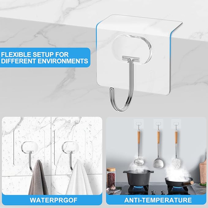Adhesive Wall Hooks No Drill Large Clear Heavy Duty, 13LB Sticky 8 Pack | Large - Image 7