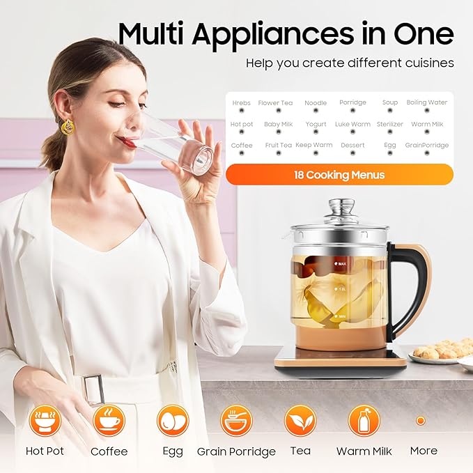 1.8L Electric Kettle, 800W Multifunctional Glass Kettle with Stainless Steel Strainer & Steamed Eggs Holder, 12 Modes Hot Beverage Tea Maker and Kettle for Soup, Porridge, Herbal Tea, 110V