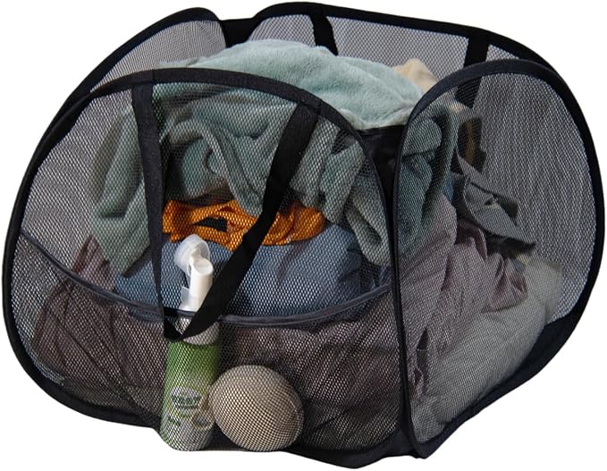 Collapsible Laundry Basket 90L, Mesh Pop-up Hamper, Side Storage Pocket by LUANMEET