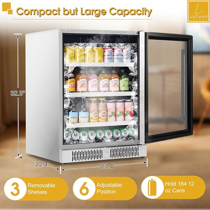 24 Inch Beverage Refrigerator Cooler, Beverage Fridge with Stainless Steel Door for 164 Cans, Built-in Counter or Freestanding 3-Color LED Light Beer and Drink Fridge for Bar Home Office