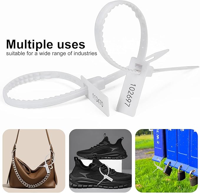 Heavy Duty Plastic Security Seals Self Locking Tamper Evident Shipping Seals Numbered Security Tags 500 PCS (White, 337 mm, 13.2")