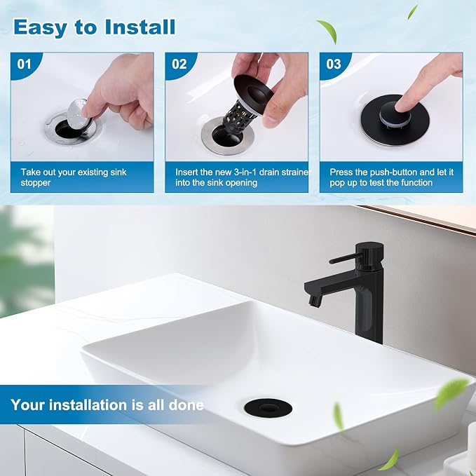 Hibbent Universal Bathroom Sink Drain Strainer, 3 in 1 Pop Up Stopper | - Image 9