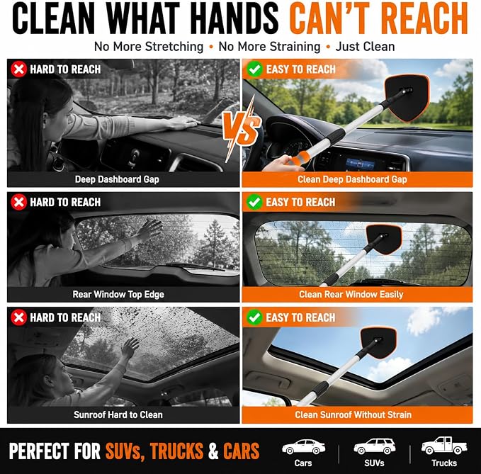 XINDELL Interior Windshield Cleaner Tool, Extendable Car Window Cleaning Kit - Image 3