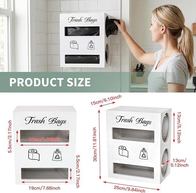 2 in 1 Trash Bag Dispenser, Double Wall Mounted, Wood Trash Bag Holder - Image 2