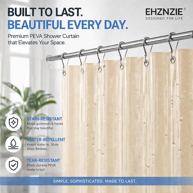 EHZNZIE Beige Shower Curtain Liner 72x72, PEVA Waterproof Bath Curtain - Image 3