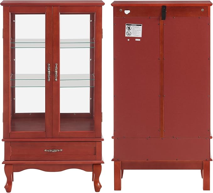 49" H Lighted Curio Cabinet Display Case, Glass Curio Cabinet with Adjustable Shelves,Tempered Glass Door and Drawer, Wooden Cabinets w/Mirrored Back Pane for Living Room (Cherry)