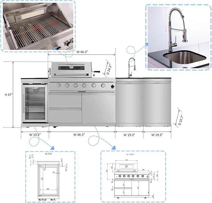 4 Burner Outdoor Kitchen Island with Grill and Side Burner, Deluxe Stainless Steel Modular Outdoor Kitchen, 72000 BTU, Gas Propane BBQ Island with Refrigerator, 2 Doors Sink, Rotisserie, 104"W, Silver