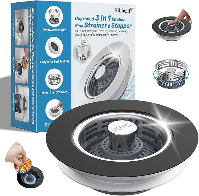 Hibbent 3 in 1 Kitchen Sink Drain Strainer, Stainless Steel Pop Up Stopper by Hibbent