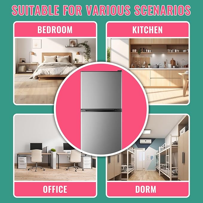 WANAI 5.0 Cu.Ft Fridge with Freezer, Dual Door Refrigerator with 7 Settings Temperature Adjustable, Small Fridge for Office Apartment and Home, Silver