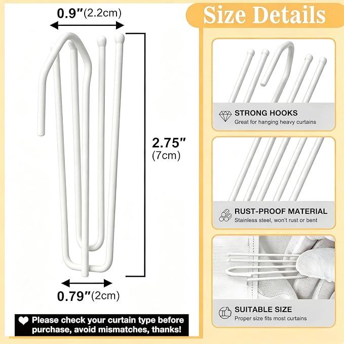 Curtain Pleat Hooks 4 Prongs Pinch Pleat Hook and Pins, 60 Pack White | Durable - Image 2