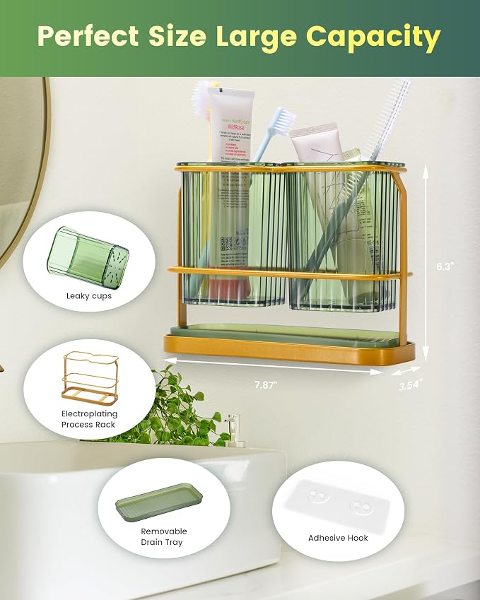 KONE Green Toothbrush Holders for Bathrooms, 2 Cups Toothbrush Holders Wall - Image 2