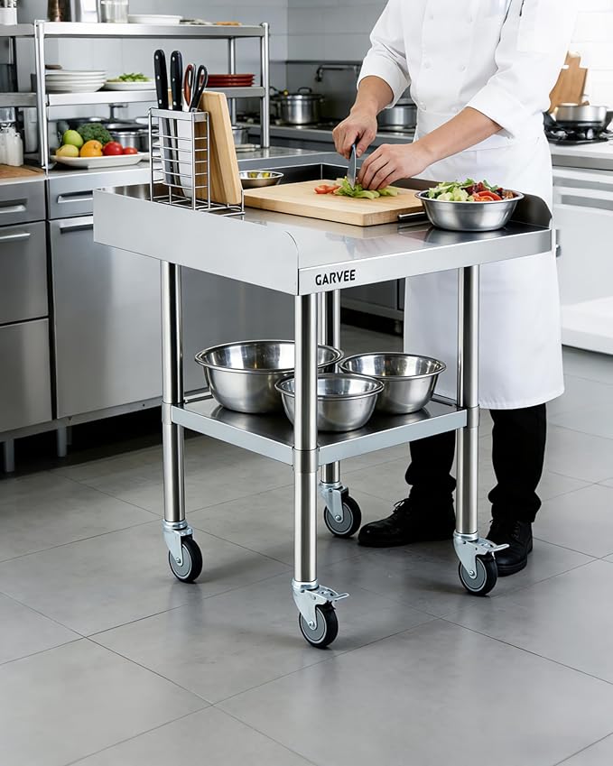 Garvee Stainless Steel Work Table, 24x30x26 Inch Commercial Food Prep Worktable with Wheels, Fixed 3-Sided Backsplash & Height-Adjustable Shelf, Heavy Duty Workbench for Kitchen Restaurant Garage