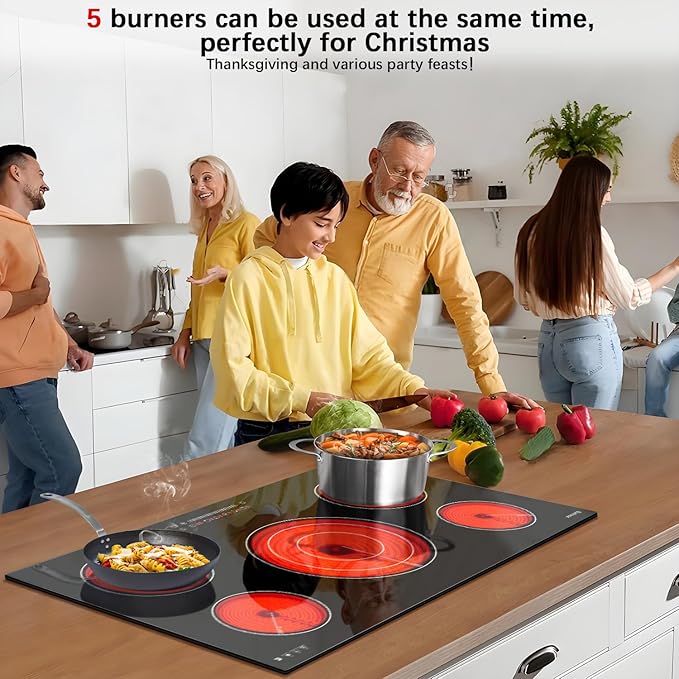 Karinear 36 Inch Electric Cooktop, 5 Burners Electric Stove Top, Built-in Glass Radiant Electric Ceramic Cooktop, Expandable Zones, Lock, Timer, Pause,9200W 220~240v Hardwired(No Plug)