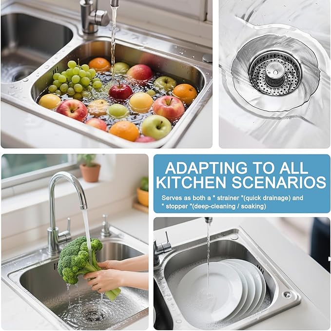 3 in 1 Kitchen Sink Drain Strainer, Pop Up Sinks Stopper with Anti-Clogging Basket, Plug for Drains Strainers, Stainless Steel Food Catcher, Fast Drainage Odor Filter for US Standard 3-1/2" Drains
