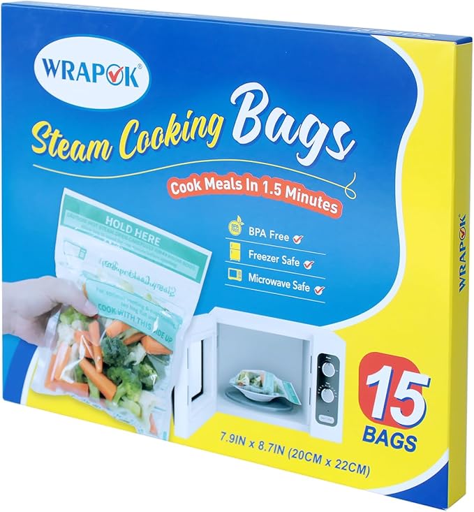 Microwave Steamer Bags 15 Pack Zip Steam Vegetable Cooking Bag for Potatoes Meat, 7.9 X 8.7 Inches
