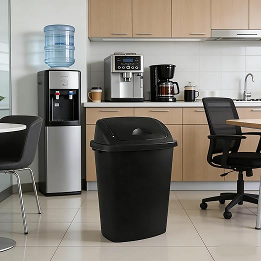 4-Pack Swing Top Wastebasket, Sleek Trash Can, 10 Gallon, Black Modern Garbage Bin for Kitchen, Bathroom, Garage and Workspace, Fits 10 Gal Liners