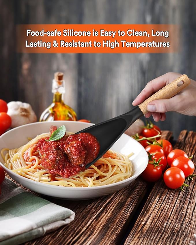 Cooking Spoon for Nonstick Cookwares, Great for Cooking and Serving Sturdy BPA-Free Matte Silicone, Wood Handle Spoon for Mixing, Scoop, and Scrape (BLACK, 11.4 inch)