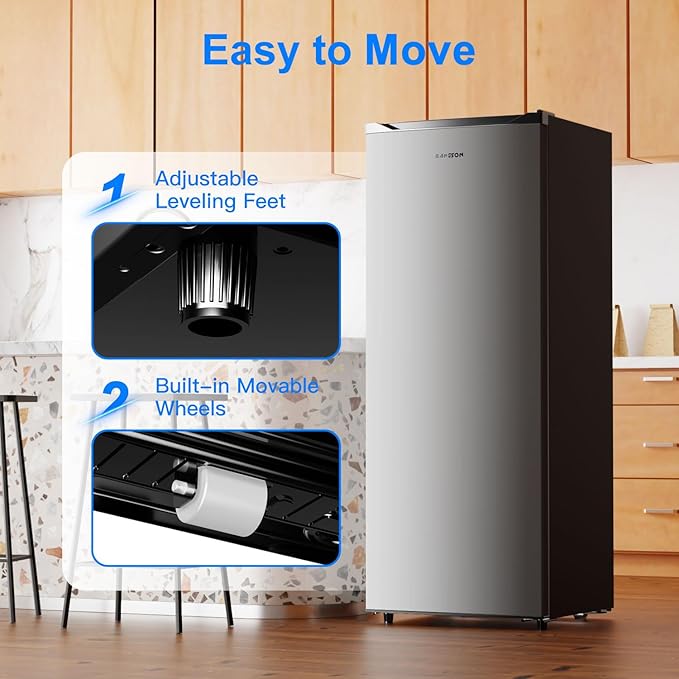 BANGSON 6.5 Cu.ft Upright Freezer, Stand up Freezer with Adjustable Thermostat, Removable Shelves, Reversible Single Door, for Bedroom/Home/Dorms/Apartment, Silver