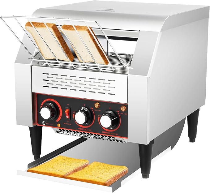 Commercial Conveyor Toaster, 300 Slices/Hour Restaurant Conveyor Toaster with Double Chutes, for Bun Bagel Bread, Heavy Duty Stainless Steel