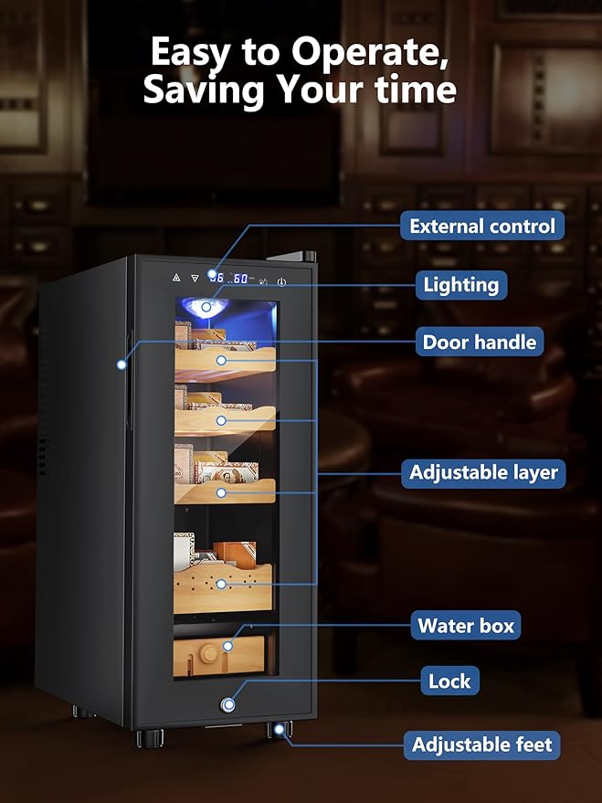 Electric Humidor, 35L 250 Counts Large Capacity, Thermostatic Electric Cooler Cabinet with Digital LED Screen, Smart Humidity & Temp Control with Safety Lock,Gifts for Men