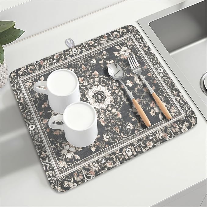 Giwawa Boho Floral Dish Drying Mat Grey Leaves Dishes Drainer Pad 16x18 Inch - Image 8