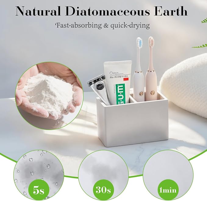 Luxspire Diatomite Toothbrush Holder, 2 Slots, Light Gray | Fast Drying - Image 2