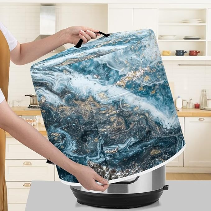 Marble Print Pressure Cooker Cover for 8 Quart Instant Pot and Air Fryer Accessories, Stain Resistant Washable Round Protective Cover Electric Appliance Cover with Front Pocket