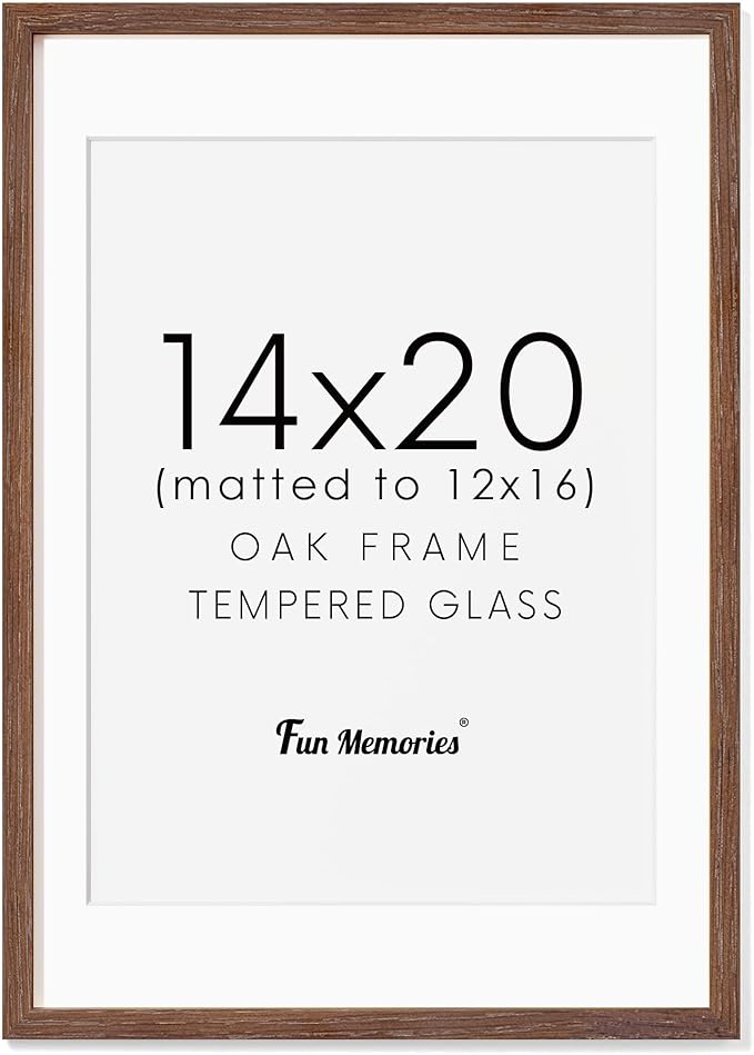 Fun Memories 14x20 Picture Frame, Solid Oak Wooden 14"x20" Photo Frame for Wall, 14 x 20 Frame Matted to 12 x 16, Tempered Real Glass, 14 x 20 Collage Gallery Frames (Walnut Color, 1 Pack)