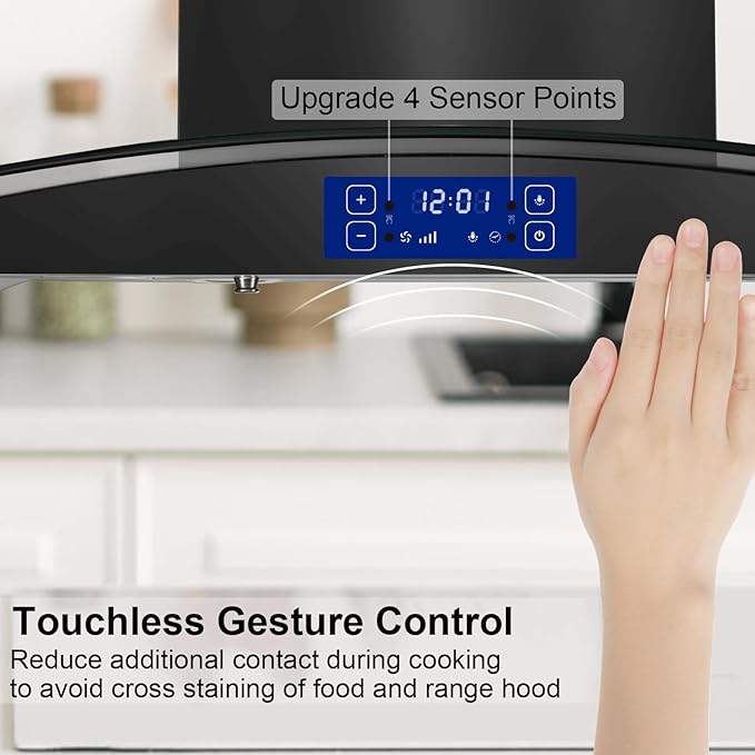 36 inch Island Range Hood 700CFM Black Painted Stainless Steel, Gesture & Touch Control Panel Ceiling Mount Kitchen Vent Hood Ducted/Ductless Convertible Extractor, Exhaust Fan 4 LED Lights