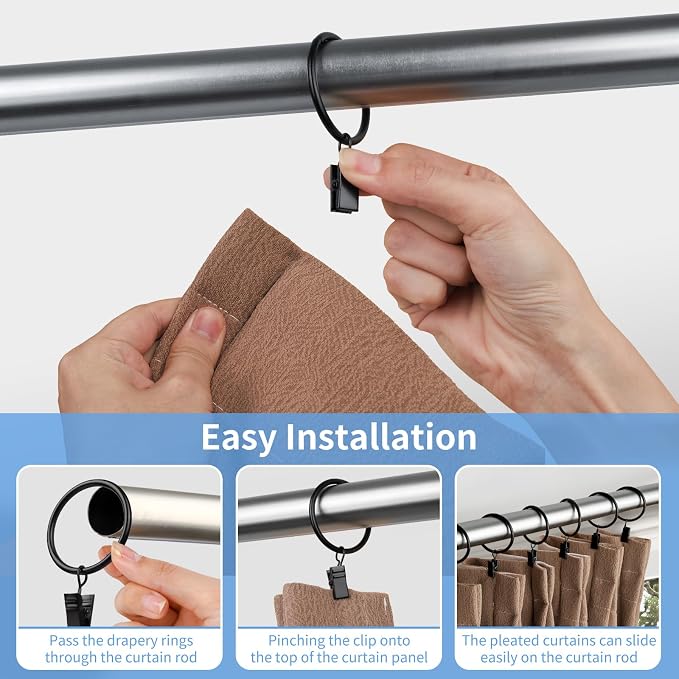 Curtain Rings with Clips, 44 Pack Metal Drapery Rings with Clips Hooks Hangers - Image 6