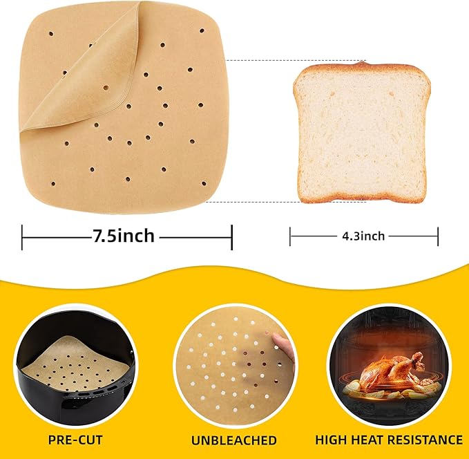 Katbite 200Pcs 7.5 In Air Fryer Liners, Parchment Paper for Air Fryer, Unbleached Disposable Air Fryer Liners Paper Sheets Square for Air Fryer, Steaming Basket, Oven Baking