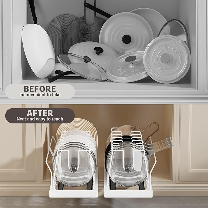 Pots and Pans Organizer Under Cabinet, 22" Deep Expandable Pull Out Pot Lid Organizer and Storage with 10 Adjustable Dividers No Drill Pot and Pan Holder Rack with Handle Bracket(1 Pack,White)