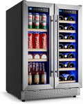 Wine and Beverage Refrigerator 24'', Dual Zone Wine Fridge Built in or Freestanding, Beverage Cooler with Glass Door holds 21 Bottles and 88 Cans, Upgrade Cooling Low Noise for Kitchen, Bar, Office