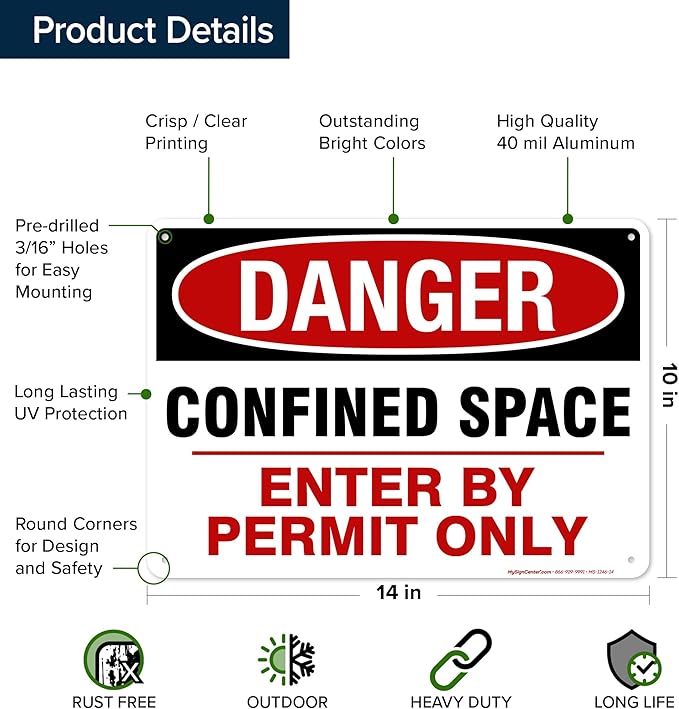 Danger Confined Space Enter By Permit Only Sign, 10x14 Inches, Rust Free .040 Aluminum, Fade Resistant, Made in USA by My Sign Center