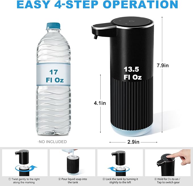 RYTOXILO Automatic Soap Dispenser, 1 Pack Black Touchless Liquid Soap Dispenser - Image 3