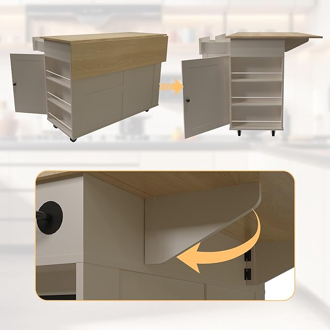 47.2 in Mobile Kitchen Island with Drop Leaf Countertop, Charging Station & Ample Storage, Rolling Kitchen Cart on Wheels with Pull-Out Shelves, Drawers, Spice Rack & Organizer Divider (Gray-1)