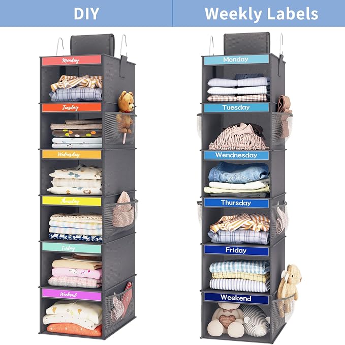 Weekly Kids Clothes Organizer 6-Shelf Hanging Closet Storage Dark Grey | - Image 7
