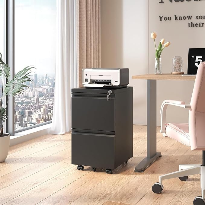 Fully Assembled 2 Drawer File Cabinet, Locking Full Steel Filing Cabinet, Quiet Slides, Anti-Tipping Wheels, Fits A4/Letter/Legal, for Home & Small Office, Matte Black