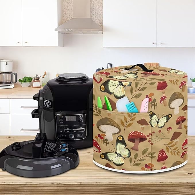 Mushroom Butterfly Pressure Cooker Cover for 8 Quart Instant Pot and Air Fryer Accessories, Stain Resistant Washable Round Protective Cover with Front Pocket