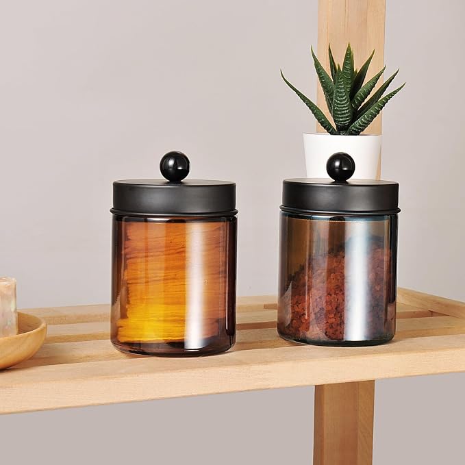 Amolliar Amber Glass Apothecary Jars Qtip Holder w/Metal Lids - Image 5