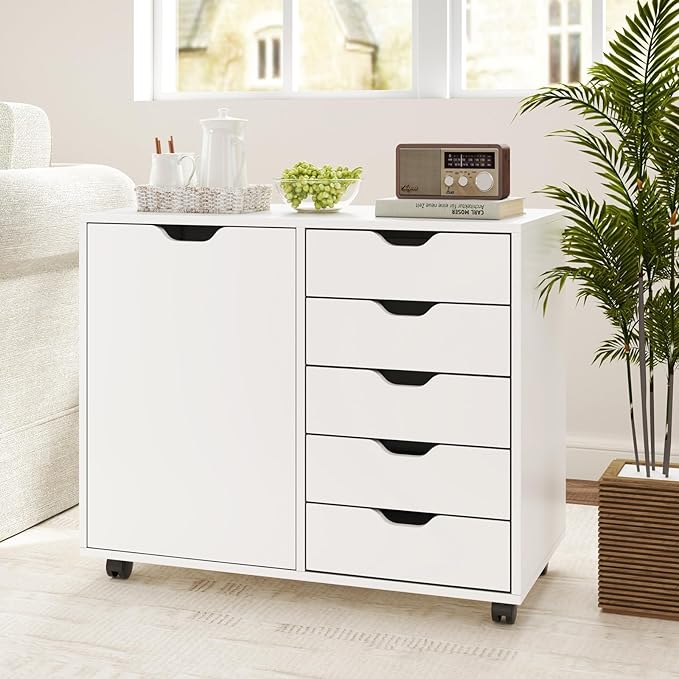 File Cabinet, White Filing Cabinet w/Universal Wheels, Printer Stand w/Door & Storage Drawers, Rolling File Cart for Home Office, Living Dining Room, Bedroom (White, 5 Drawers & 1 Door)