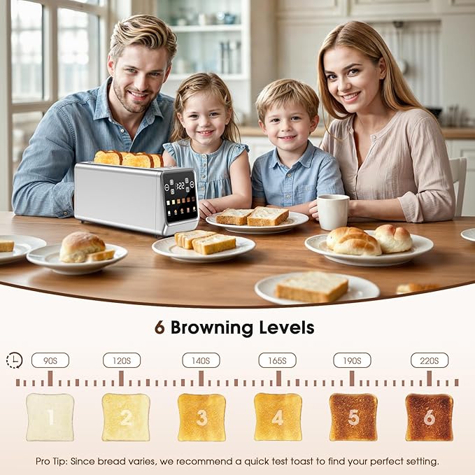 Toaster 4 Slice Long Slot with Digital Touchscreen & 1-Touch Memory for Family | Stainless Steel for Bagels & Artisan Bread | Defrost Reheat & Single-Slice Modes