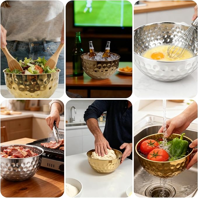 Gold Mixing Bowls Set of 5, Stainless Steel Mixing Bowls, Metal Nesting Salad Bowls Kitchen Food Storage Containers for Cooking, Baking, Prepping Christmas Serving, No Lids, 1.6/2/3.2/4.2/4.9 QT