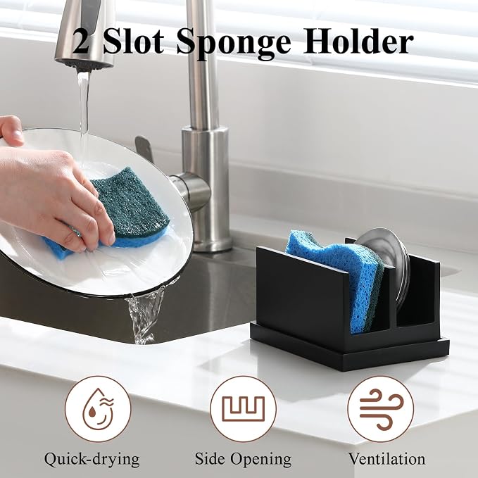 Luxspire Kitchen Sponge Holder wtih Drain Tray, 2 Compartment, Matte Black - Image 2