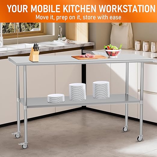 Stainless Steel Table with Wheels 24" x 60" Utility Worktable with Adjustable Undershelf for Commercial Kitchen, Garage, Restaurant