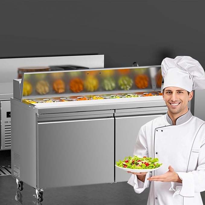 60" W Commercial Refrigerator Sandwich Salad Prep Table, 17.8 Cu.ft 2 Door Commercial Stainless Steel Food Prep Fridge with 16 Pans, Salad Prep Station for Restaurant, Bar, Shop, etc.