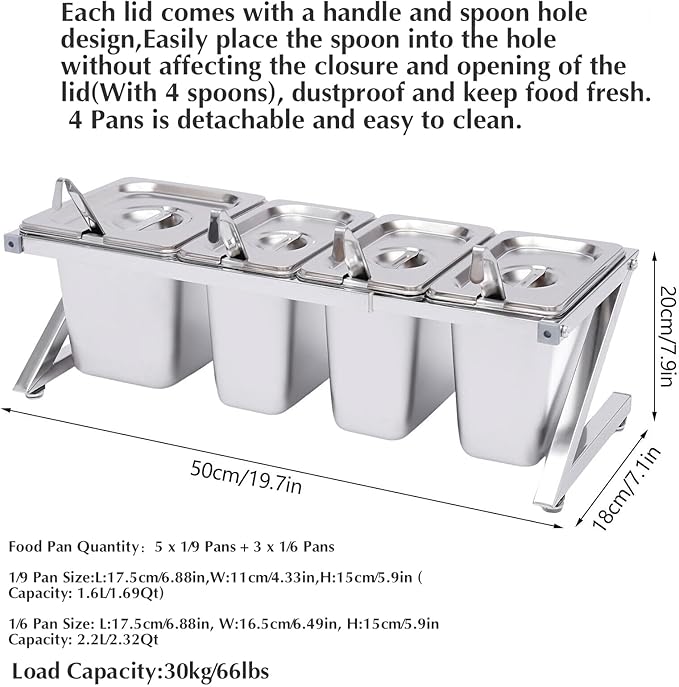 Pizza Topping Station with 4 Pans& Lids, Stainless Steel Food Container Pans Condiment Dispenser Countertop Spice Rack Organizer Shelf Holder for Seasoning Sauce Salad Jam Fruits Ingredients