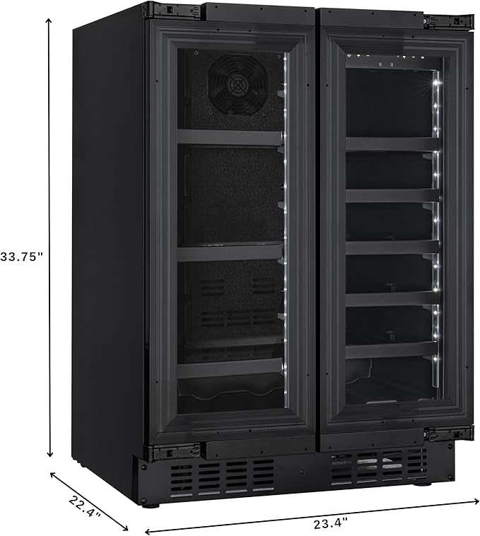 KoolMore Reserve 24 in. French Door Dual Zone Panel Ready Under-Counter Cooler with Black Shelves and 20 Bottle Capacity in the Right Zone and 2.1 Cu. Ft. on the Left in Black (KM-CWB24-BPR)